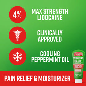 O'Keeffe's label close-up highlighting 4% lidocaine and peppermint oil for clarity