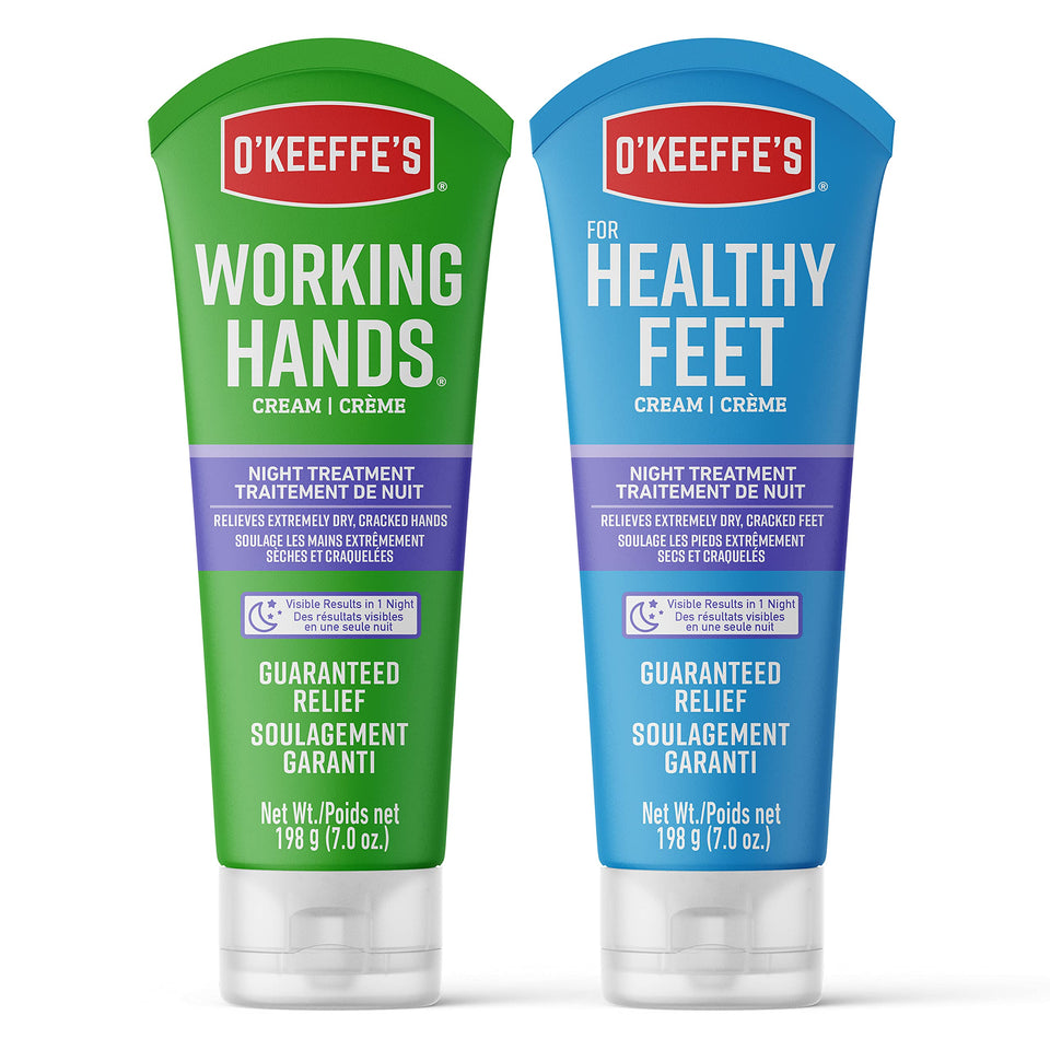 O'Keeffe's duo front packaging showing both 7 oz tubes and benefits