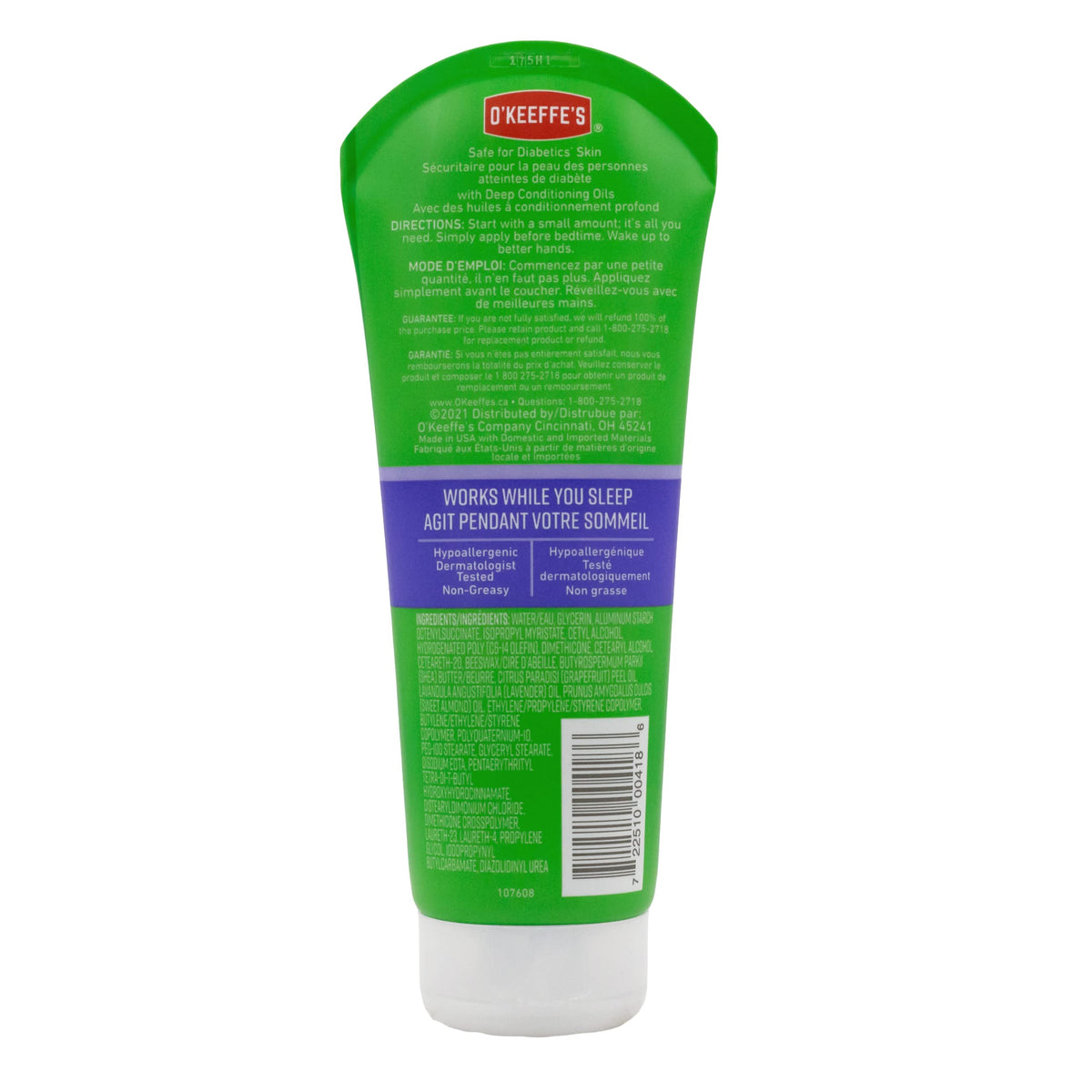 O'Keeffe's product label close-up showing dermatologist-tested, hypoallergenic info