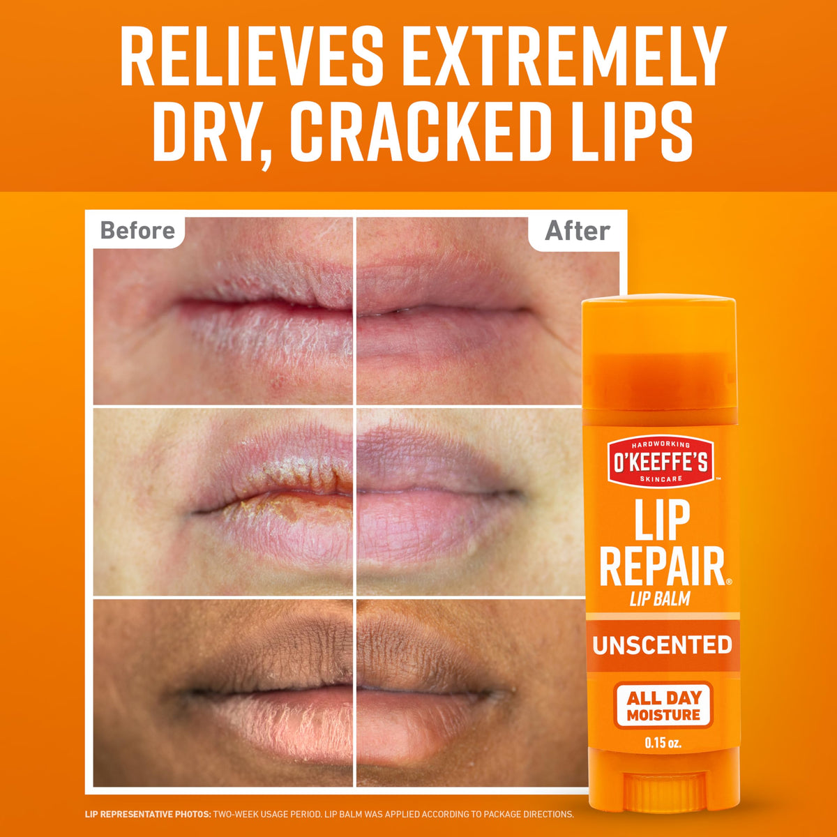 O'Keeffe's stick with cap removed displaying smooth balm texture and quick relief