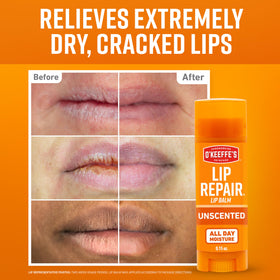 O'Keeffe's stick with cap removed displaying smooth balm texture and quick relief