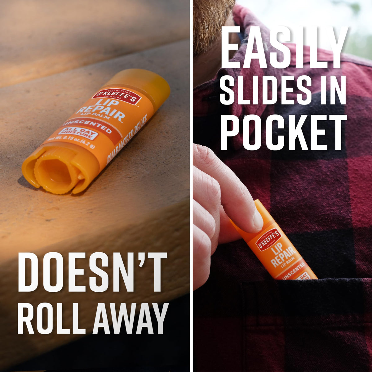 O'Keeffe's stick peeking from a pocket illustrating discreet, convenient use