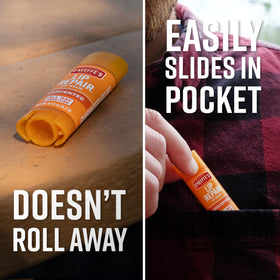 O'Keeffe's stick peeking from a pocket illustrating discreet, convenient use
