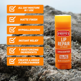 Before and after lips using O'Keeffe's stick showing visible repair and softness