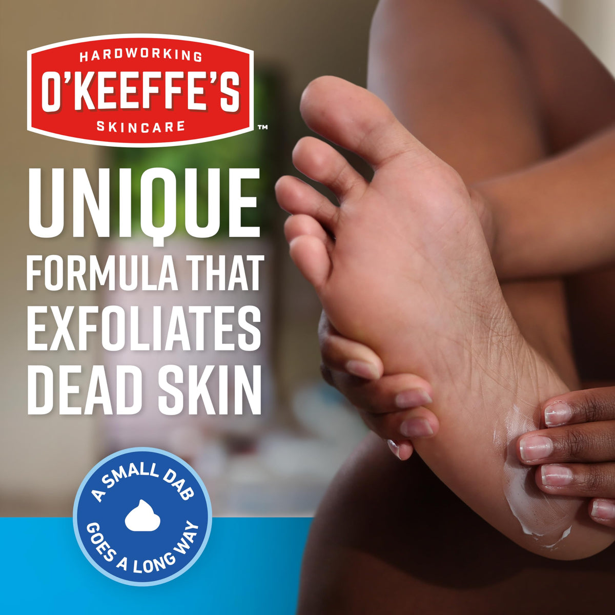 O'Keeffe's tube on bathroom shelf in lifestyle scene encouraging daily foot care routine