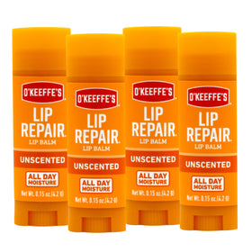 O'Keeffe's front packaging of unscented lip repair stick showing label and pack benefit