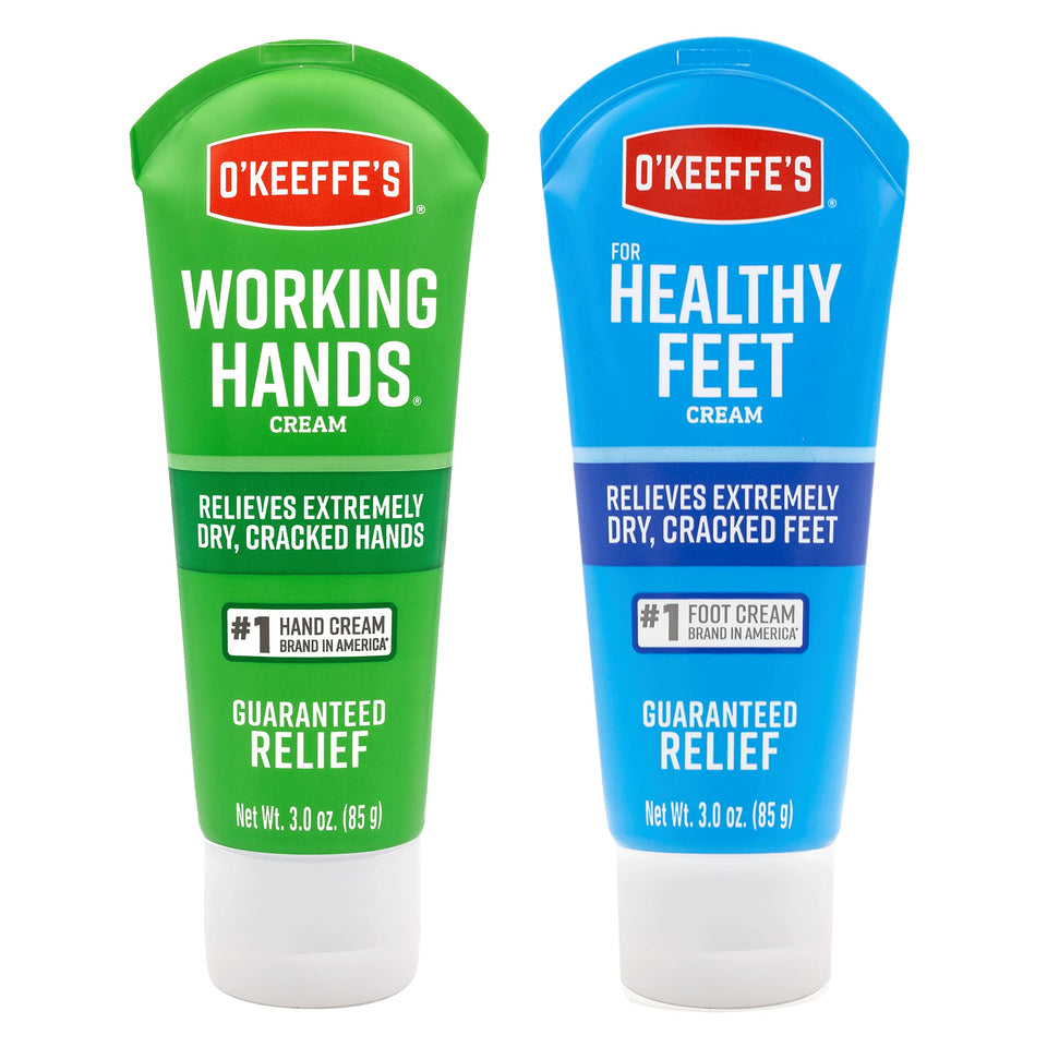 O'Keeffe's front packaging of both travel creams showing compact duo benefits