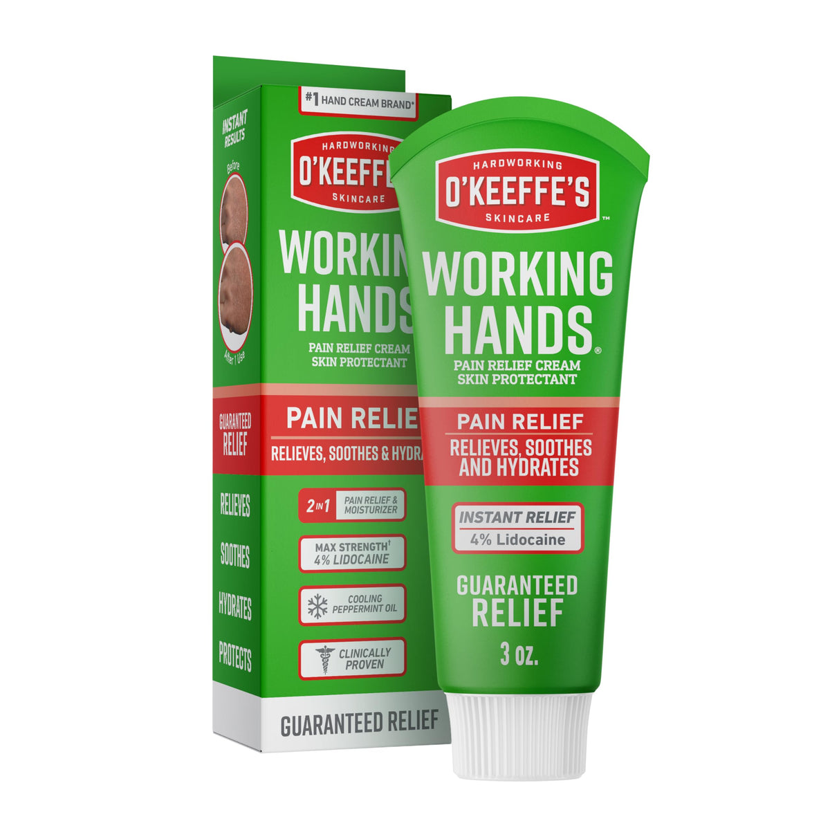 O'Keeffe's front tube view showing product branding and size, easy identification benefit