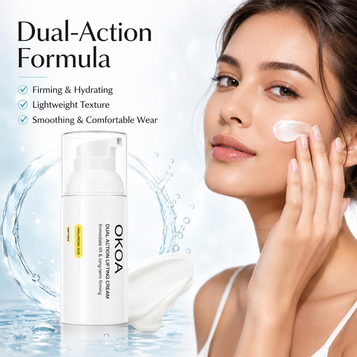OKOA Cream being applied by hand model showing instant smoothing benefit