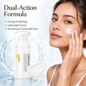 OKOA Cream being applied by hand model showing instant smoothing benefit