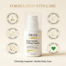ÓKOA Skincare label close-up showing formula details and ingredient transparency benefit
