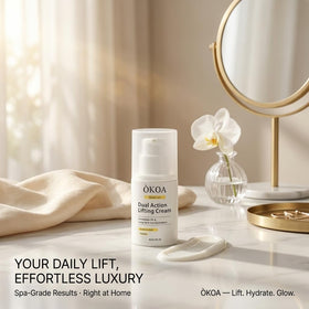 ÓKOA Skincare boxed packaging view indicating shelf-stable storage benefit
