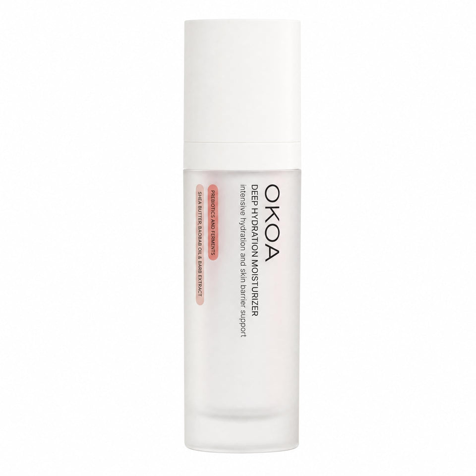 OKOA front jar view showing sleek packaging and moisturizing benefits