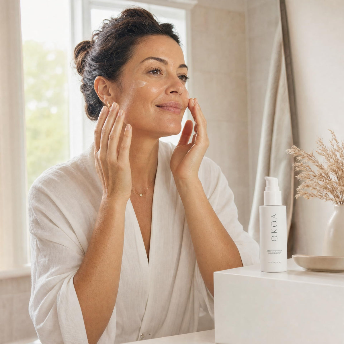 OKOA on bathroom vanity in routine setting promoting daily hydration