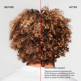 Side-by-side before and after hair cleaned with Olaplex Nº.4C showing restored shine benefit