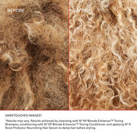 Olaplex before and after brassiness reduction showing cooler blonde results