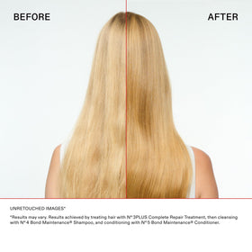 Olaplex N°.3PLUS before and after hair showing reduced breakage