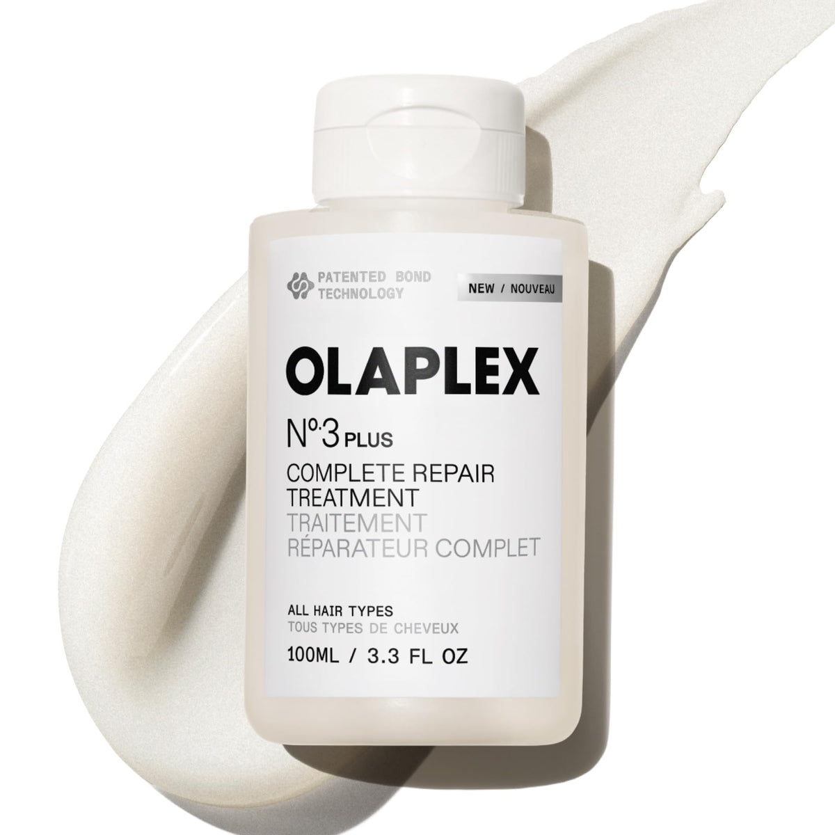 Olaplex N°.3PLUS front packaging showing repair treatment benefits