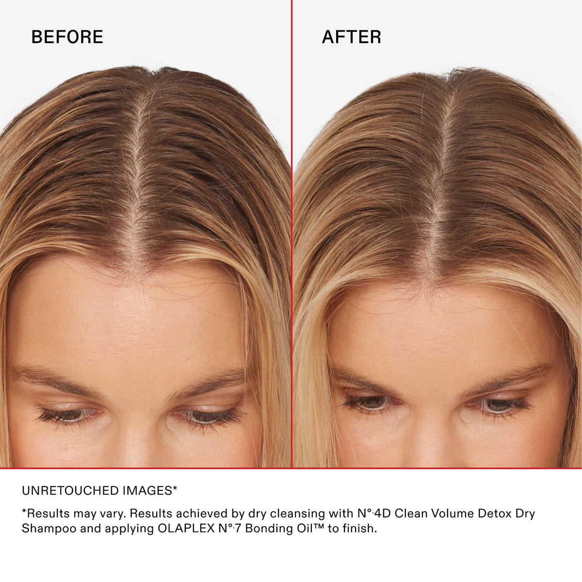 Olaplex Nº.4D before and after roots showing cleaner, voluminous hair
