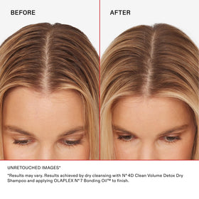 Olaplex Nº.4D before and after roots showing cleaner, voluminous hair