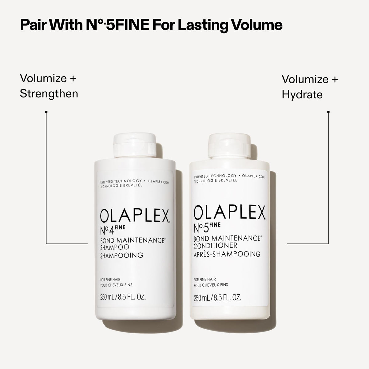 Olaplex Nº.4 FINE next to Nº.5 FINE illustrating complementary repair benefit