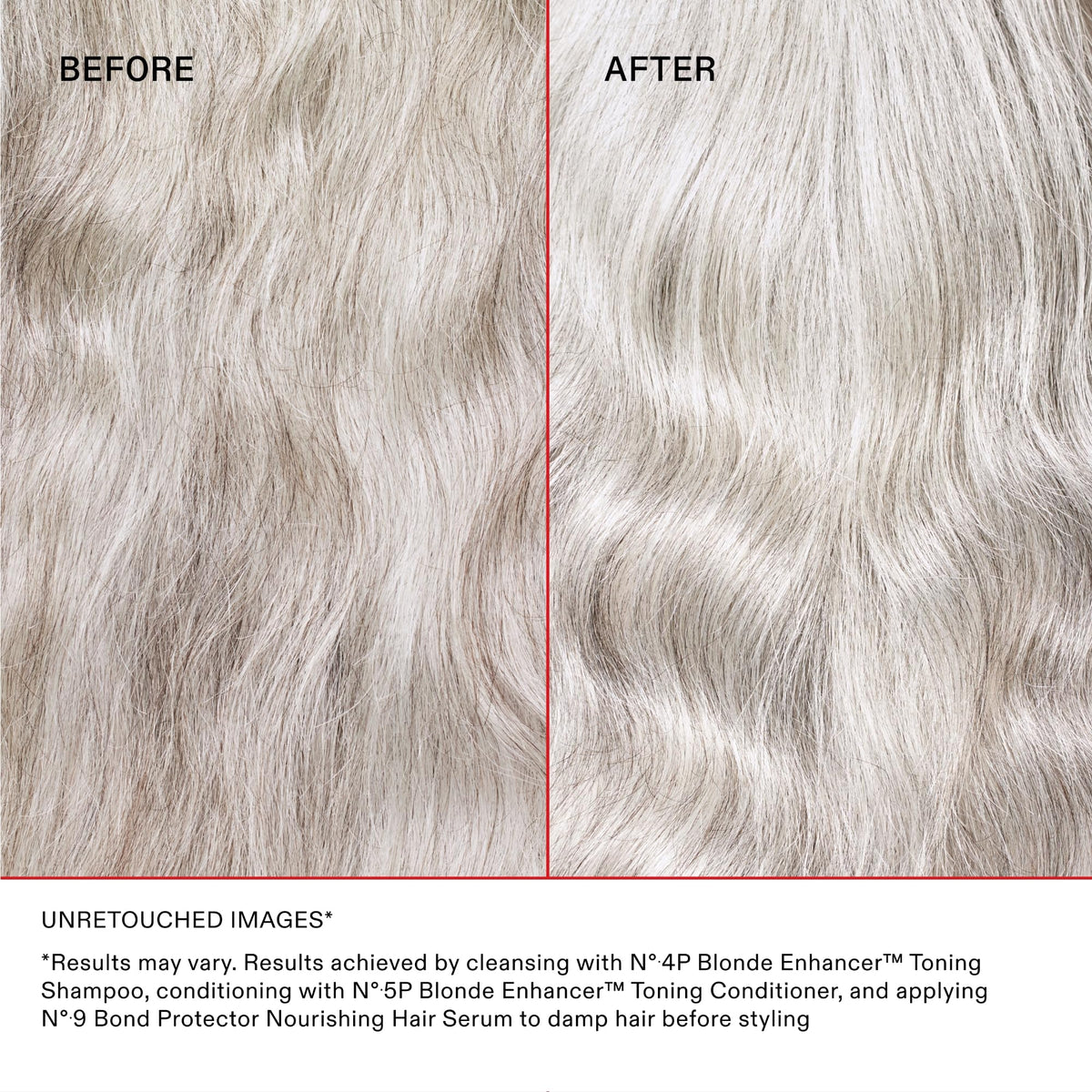Olaplex Nº.4P before and after tone comparison showing reduced brassiness benefit