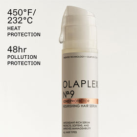 Olaplex Nº.9 pump and label detail highlighting easy-dispense benefit