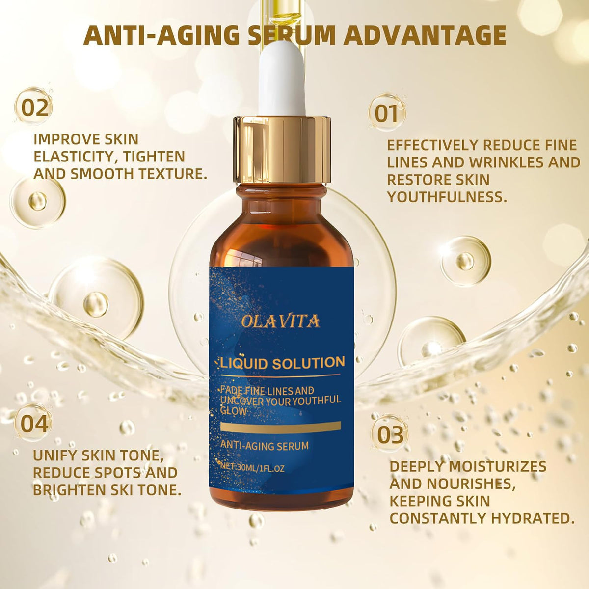 OLAVITA serum pipette dispensing clear drop highlighting fast absorption benefit