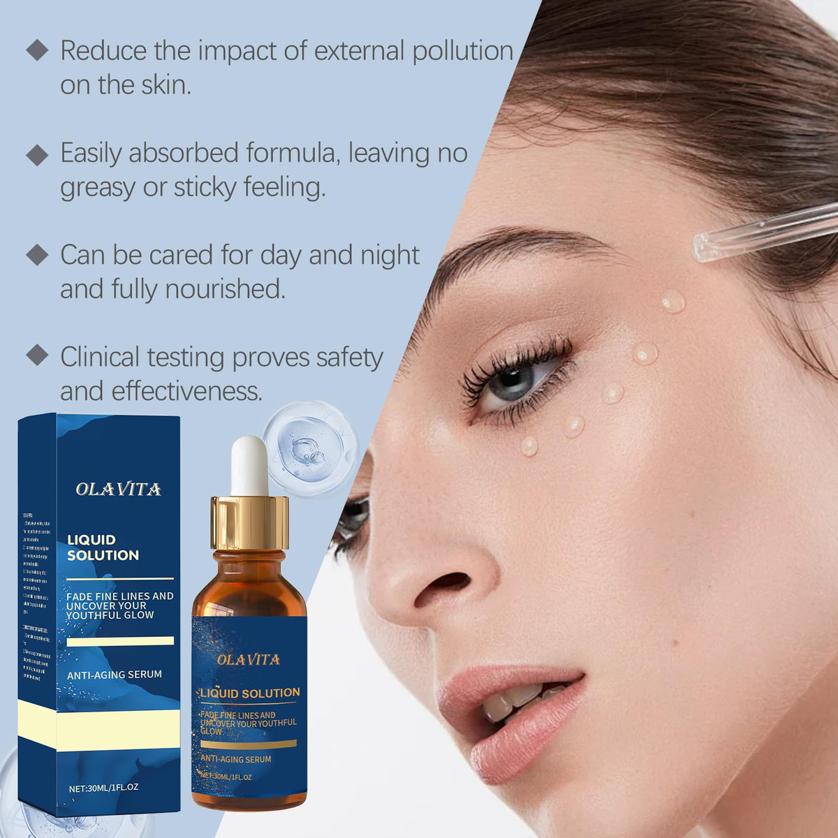 OLAVITA dropper close-up showing serum texture and quick absorption