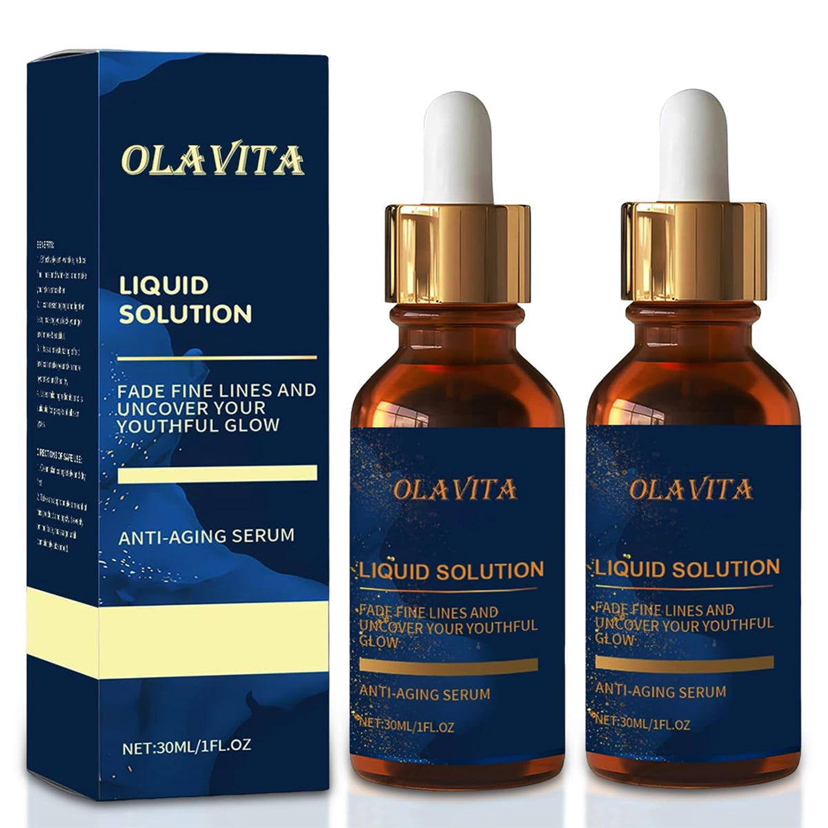 OLAVITA front packaging showing two serum bottles, highlights convenience