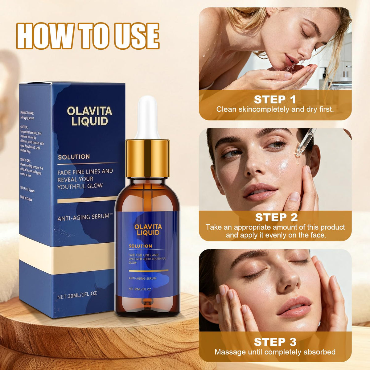 Olavita Liquid on bathroom counter in routine setting suggesting daily skincare ritual