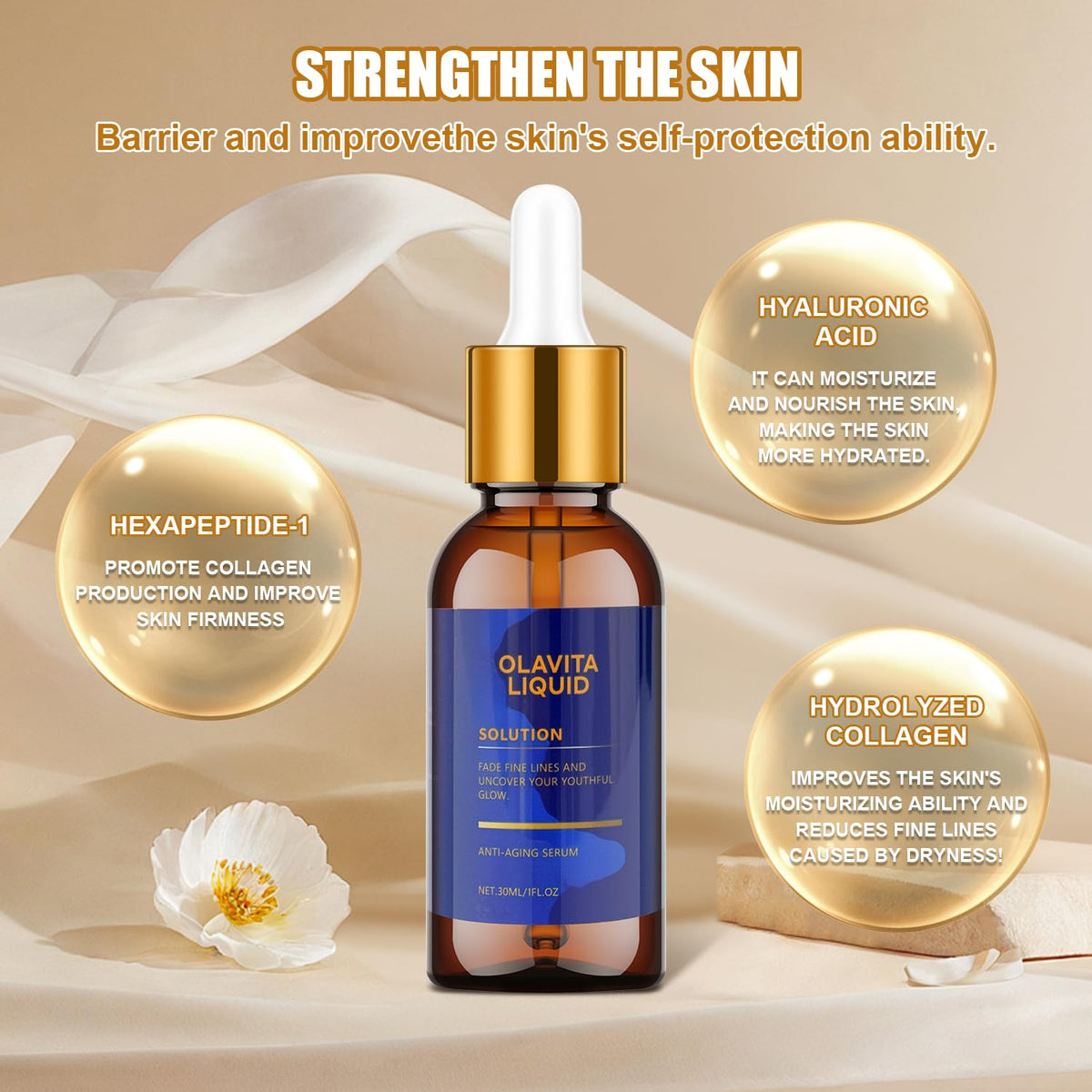 Olavita Liquid drop of serum close-up highlighting silky texture and fast absorption