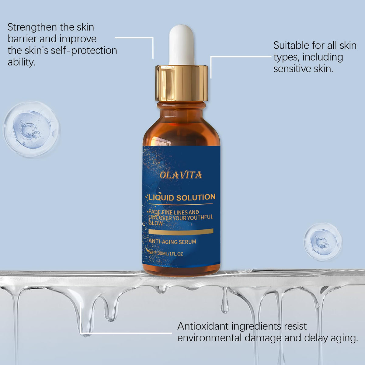 OLAVITA serum drops on skin demonstrating hydration and smooth finish benefit