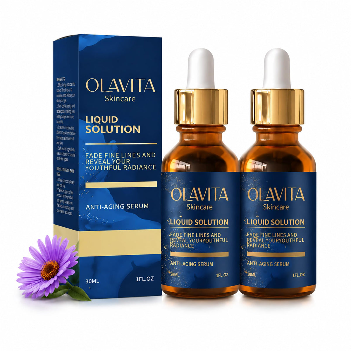 Olavita serum front packaging showing two bottles and benefits