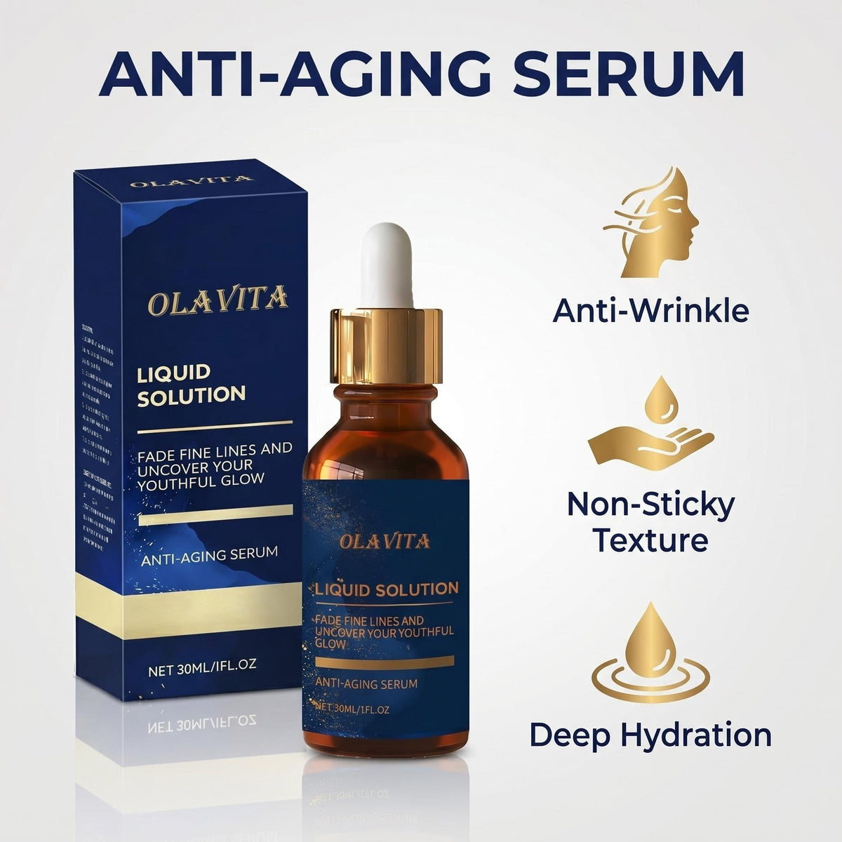 OLAVITA serum texture on skin close-up, highlights lightweight hydration