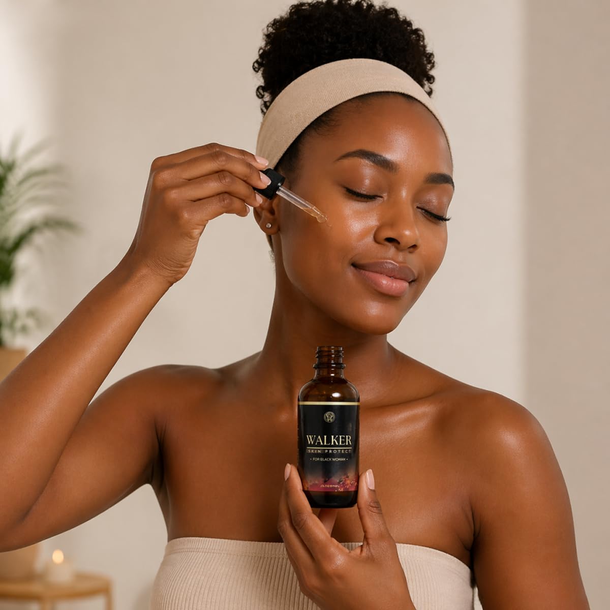 Olavita Walker Skin Protect Serum on a bathroom vanity in lifestyle shot conveying daily skincare ritual