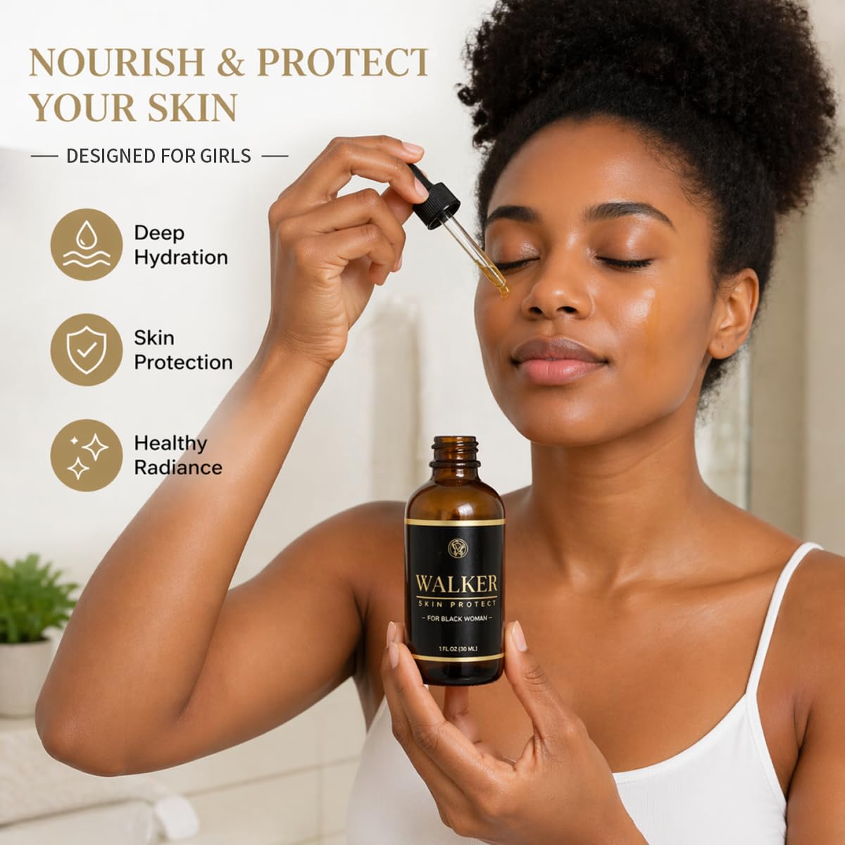Olavita Walker Skin Protect Serum dropper dispensing clear serum for precise application and reduced waste