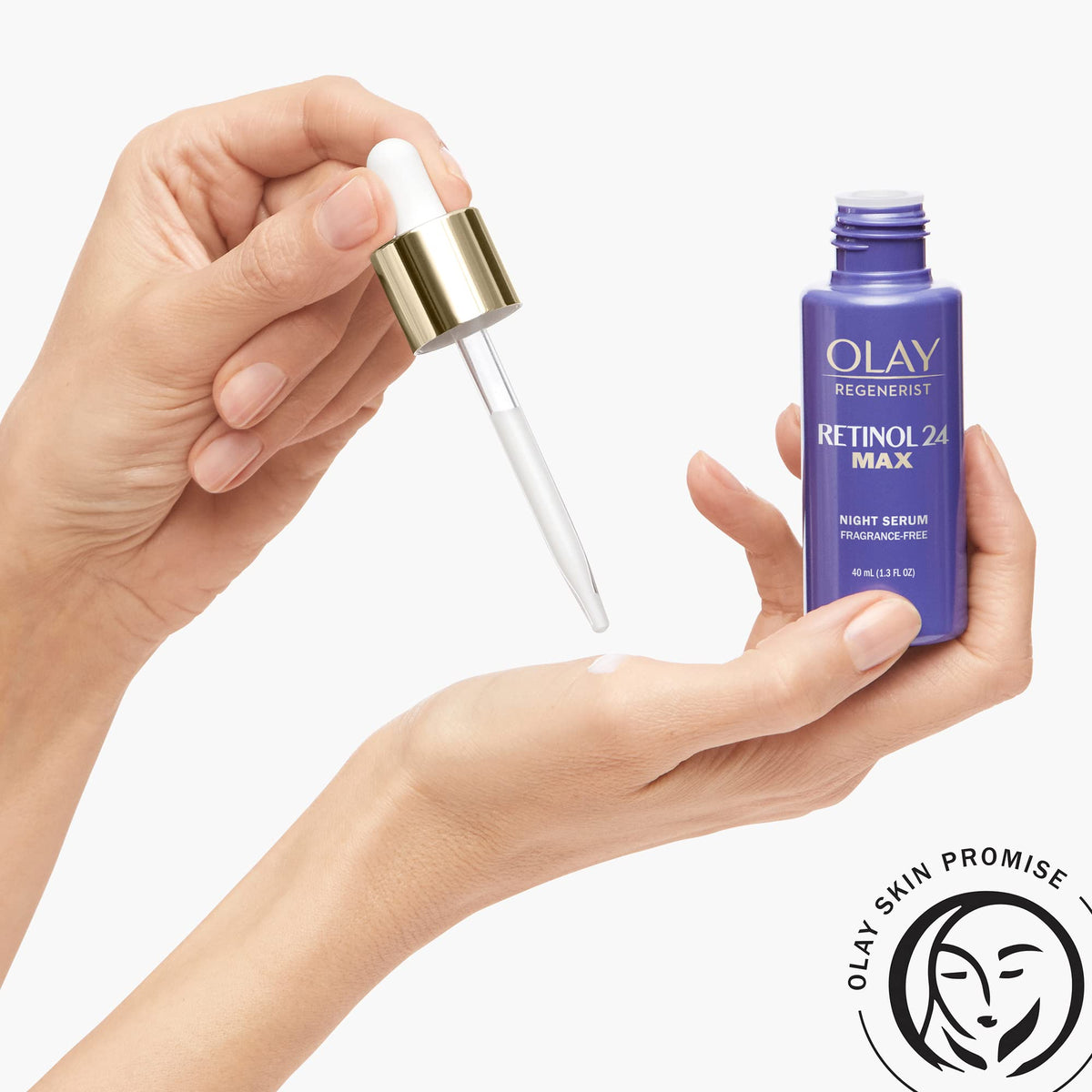 Olay 1.3 fl oz bottle held in hand showing true scale and easy dosing