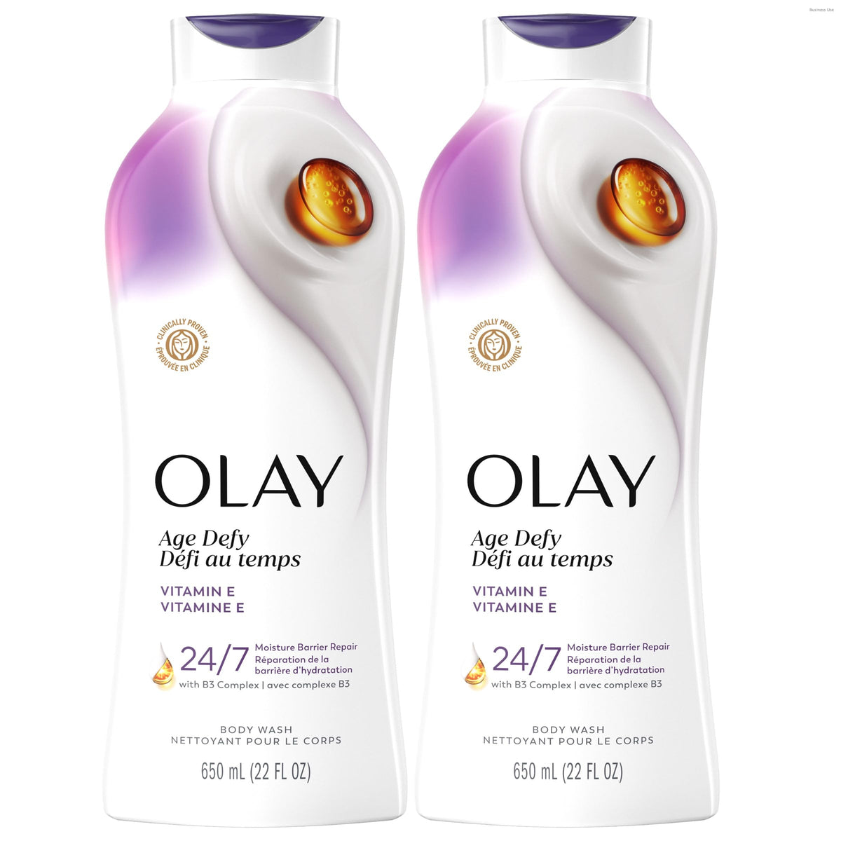 Olay front packaging showing two 22 fl oz bottles and product benefit