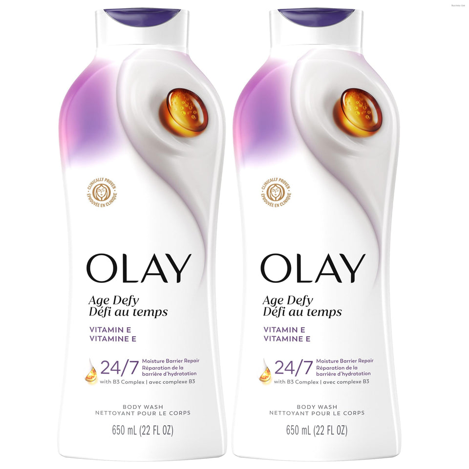 Olay front packaging showing two 22 fl oz bottles and product benefit