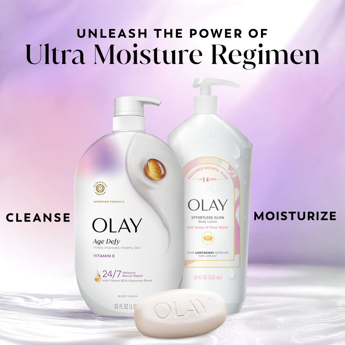 Olay in bathroom lifestyle setting conveying a nourishing shower ritual