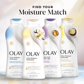 Olay body wash with Olay lotion showing complete moisturizing routine