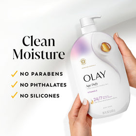 Olay bottle next to hand for scale showing generous 22 fl oz size