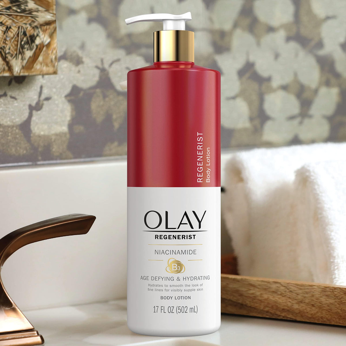 Olay bottles on bathroom counter in routine setting for everyday hydration