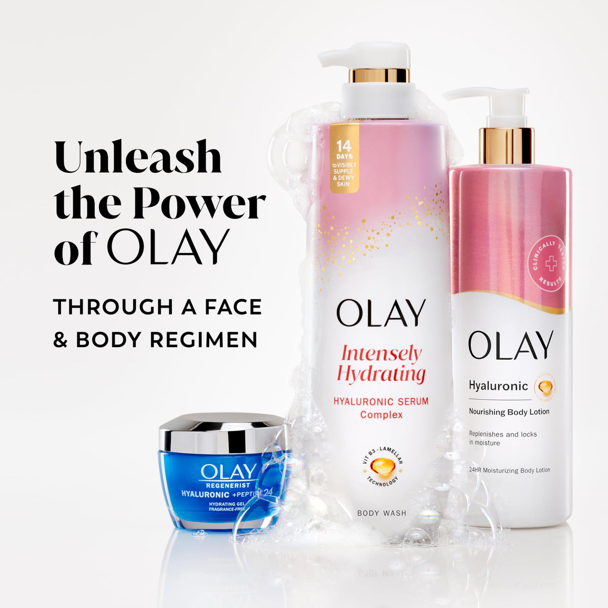 Olay bottles arranged on bathroom shelf showing lifestyle storage benefit