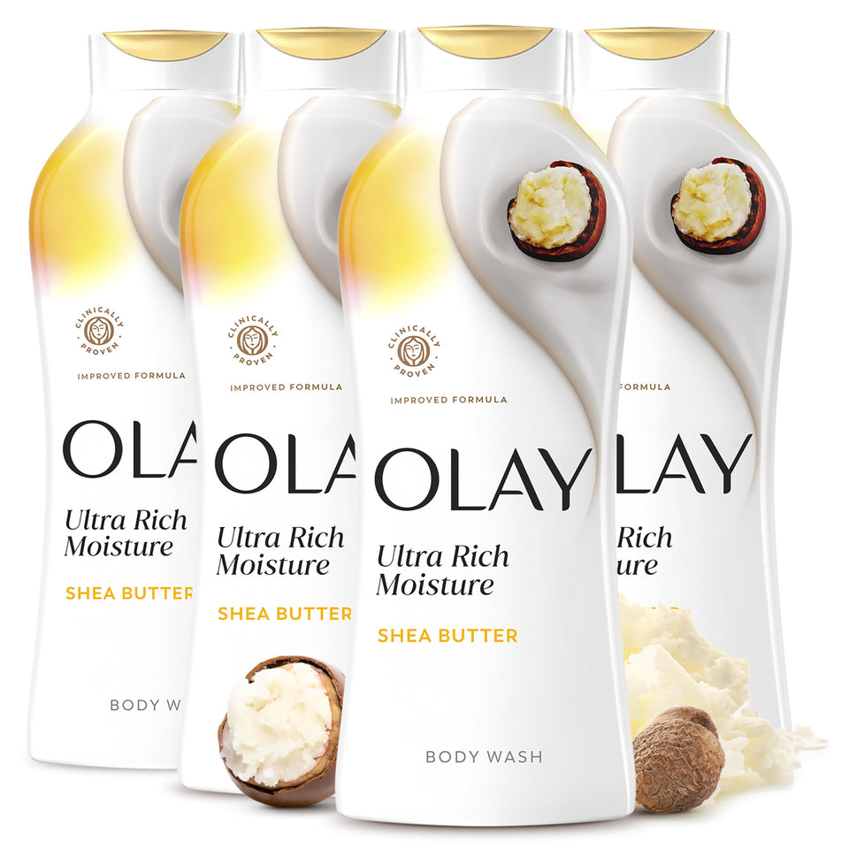 Olay bottle front packaging showing product and shea scent, highlights hydration benefit