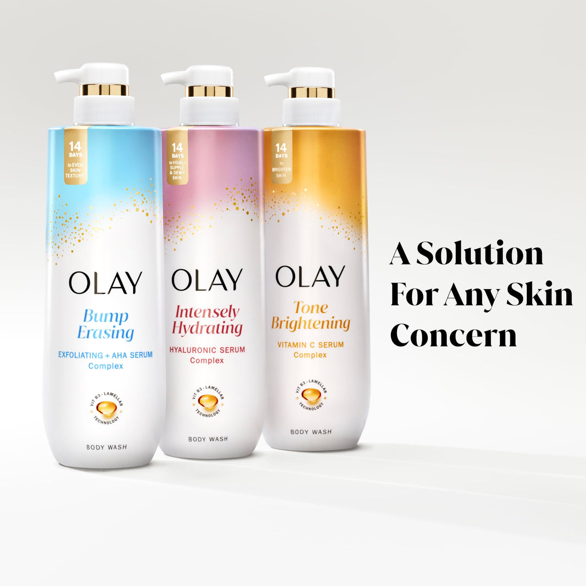 Olay body wash in shower setting showing product in use and moisturizing effect