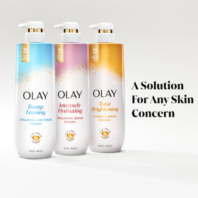 Olay body wash in shower setting showing product in use and moisturizing effect