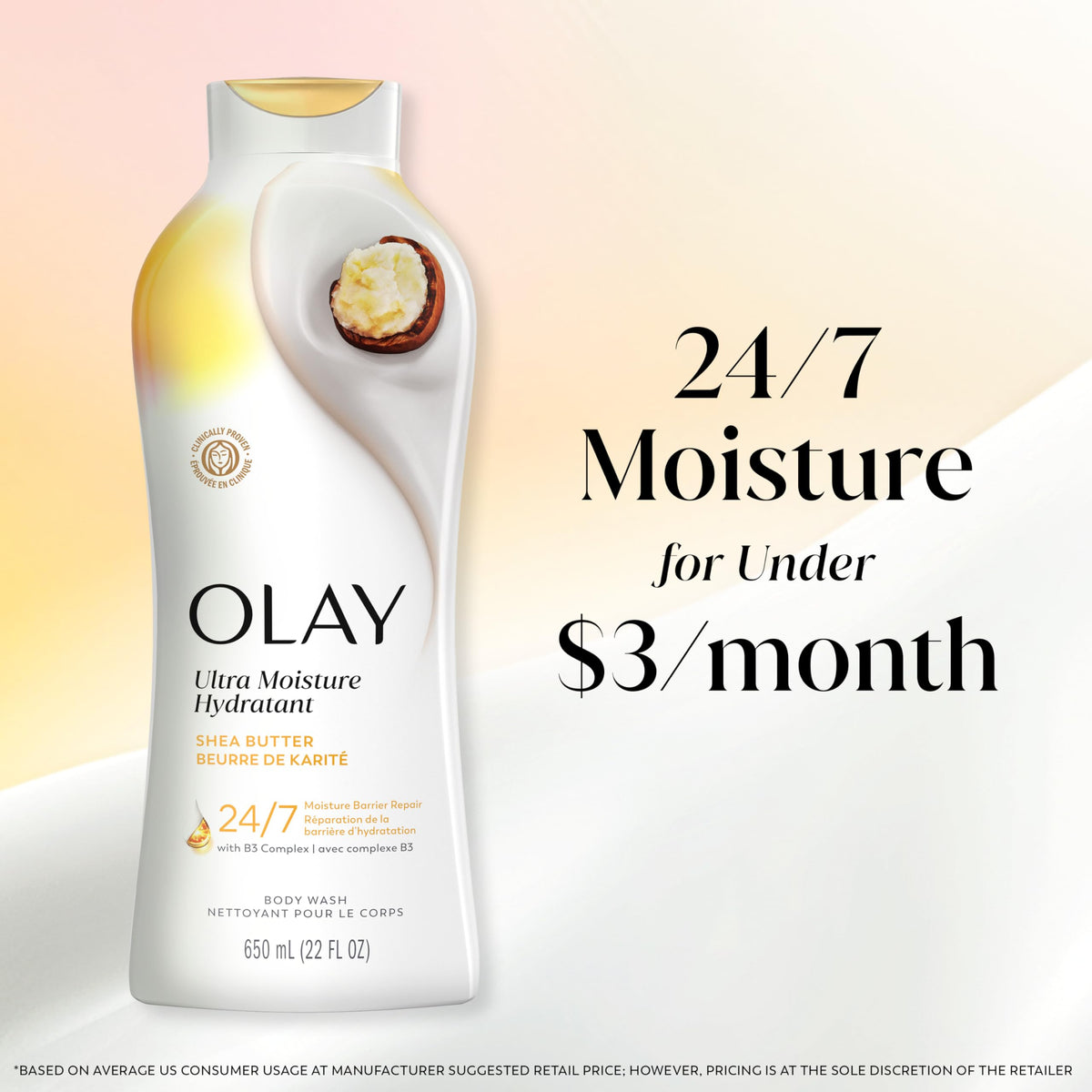 Olay body wash on bathroom vanity styled to show lifestyle appeal and daily routine benefit