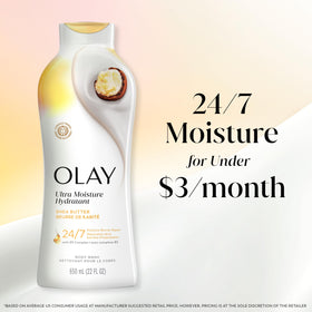 Olay body wash on bathroom vanity styled to show lifestyle appeal and daily routine benefit